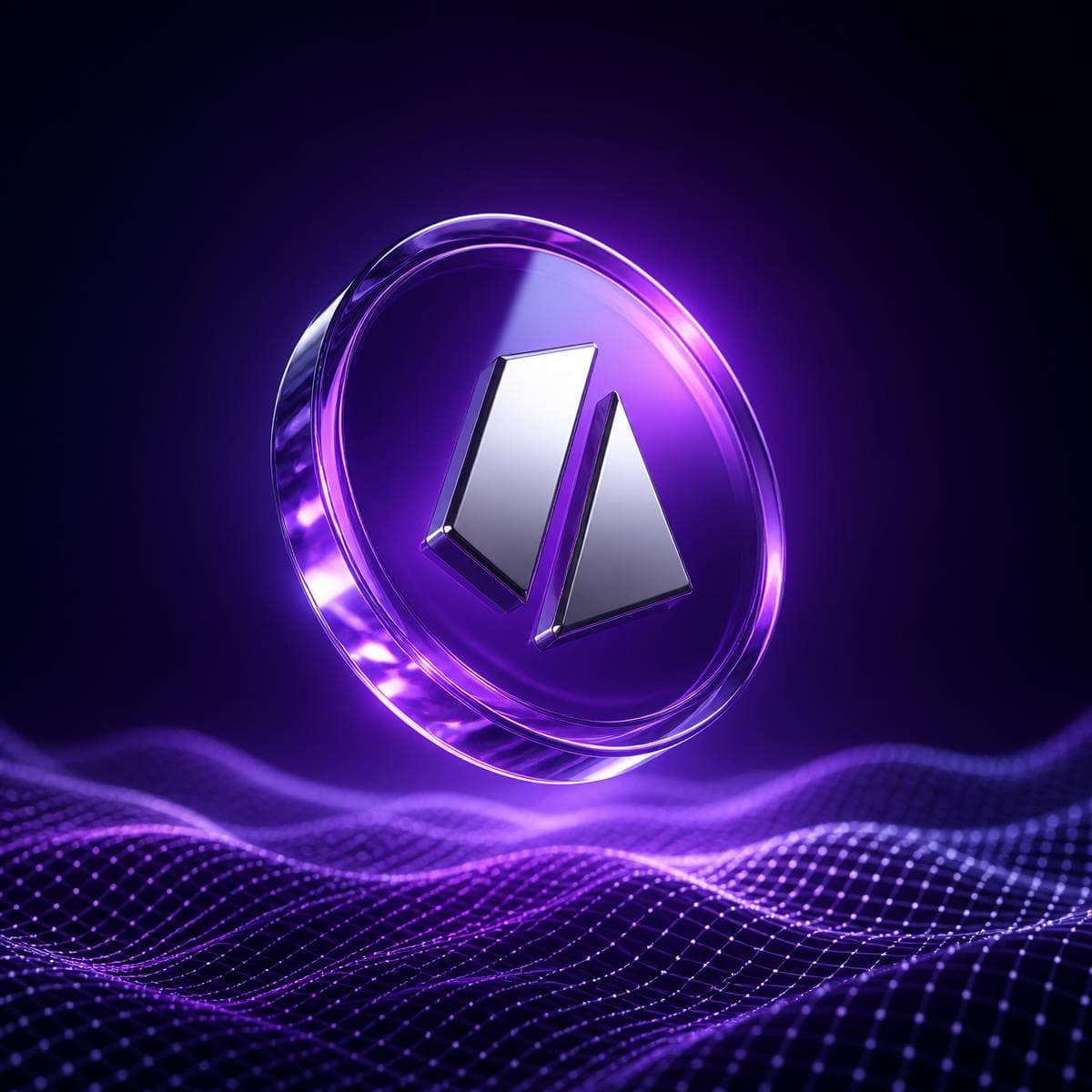 Glass token hovering over a glowing wireframe field